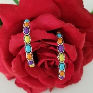 Multi Gemstones set in Silver, Hooped Earrings.